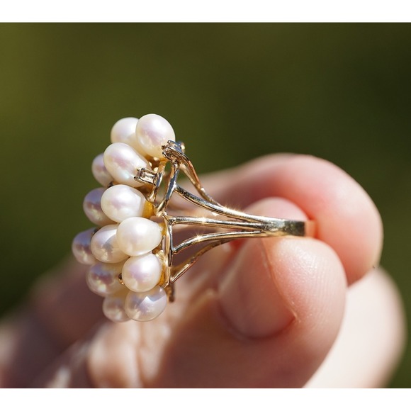 Vintage 14k Solid Yellow Gold Real Pearl & Natural Diamond Ring - Luster Cluster - Picture 8 of 12